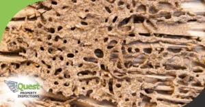 Extensive termite tunnels and infestation inside wood found during property inspection.